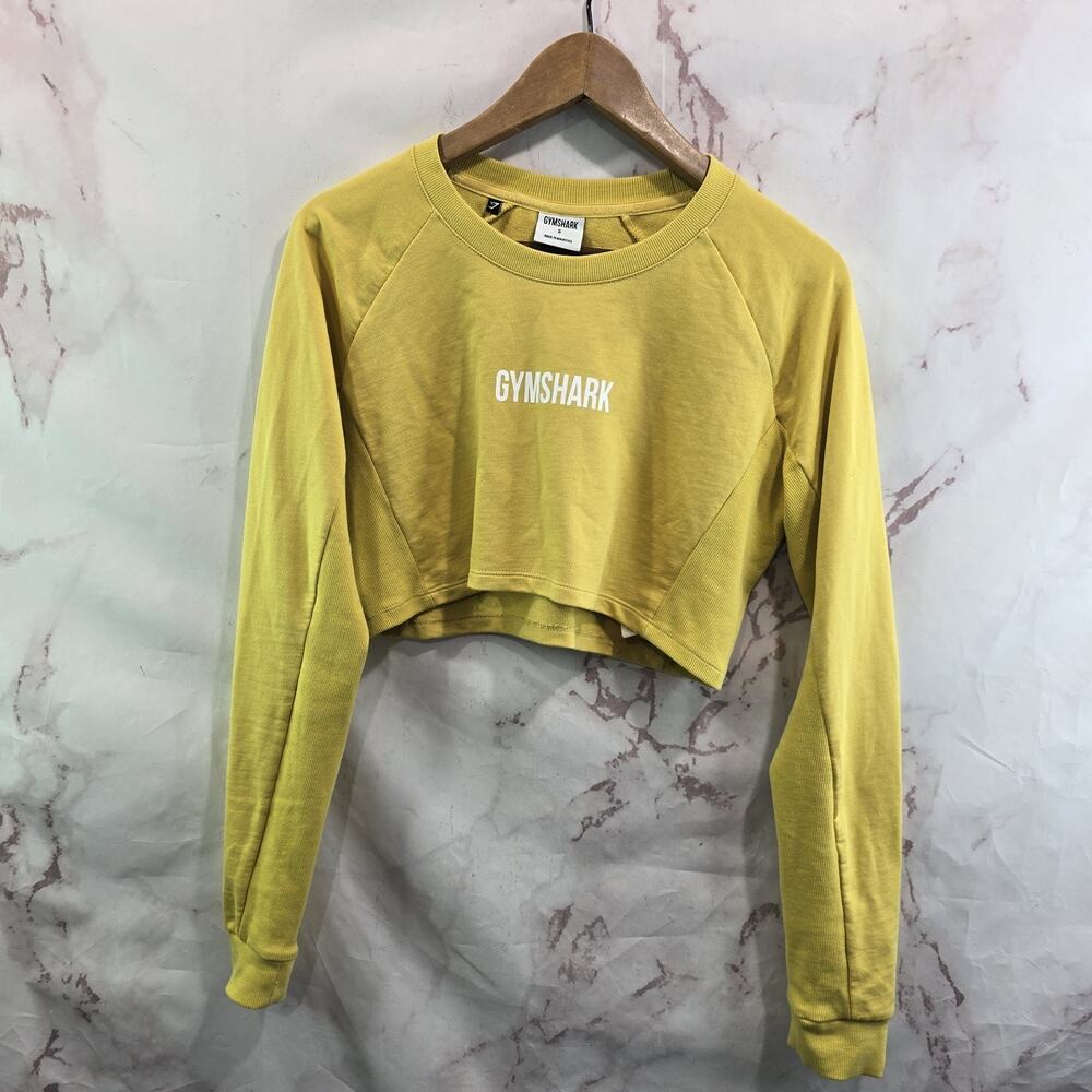 Gymshark Shirt Womens Small Yellow Crop Long Sleeve Pullover Cotton Crew Neck